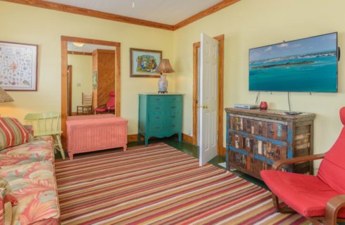 Living room with tropical love seat, pink wicker box, turquoise dresser, wooden chair with red cushion, large multicolored area rug, and flat-screen TV